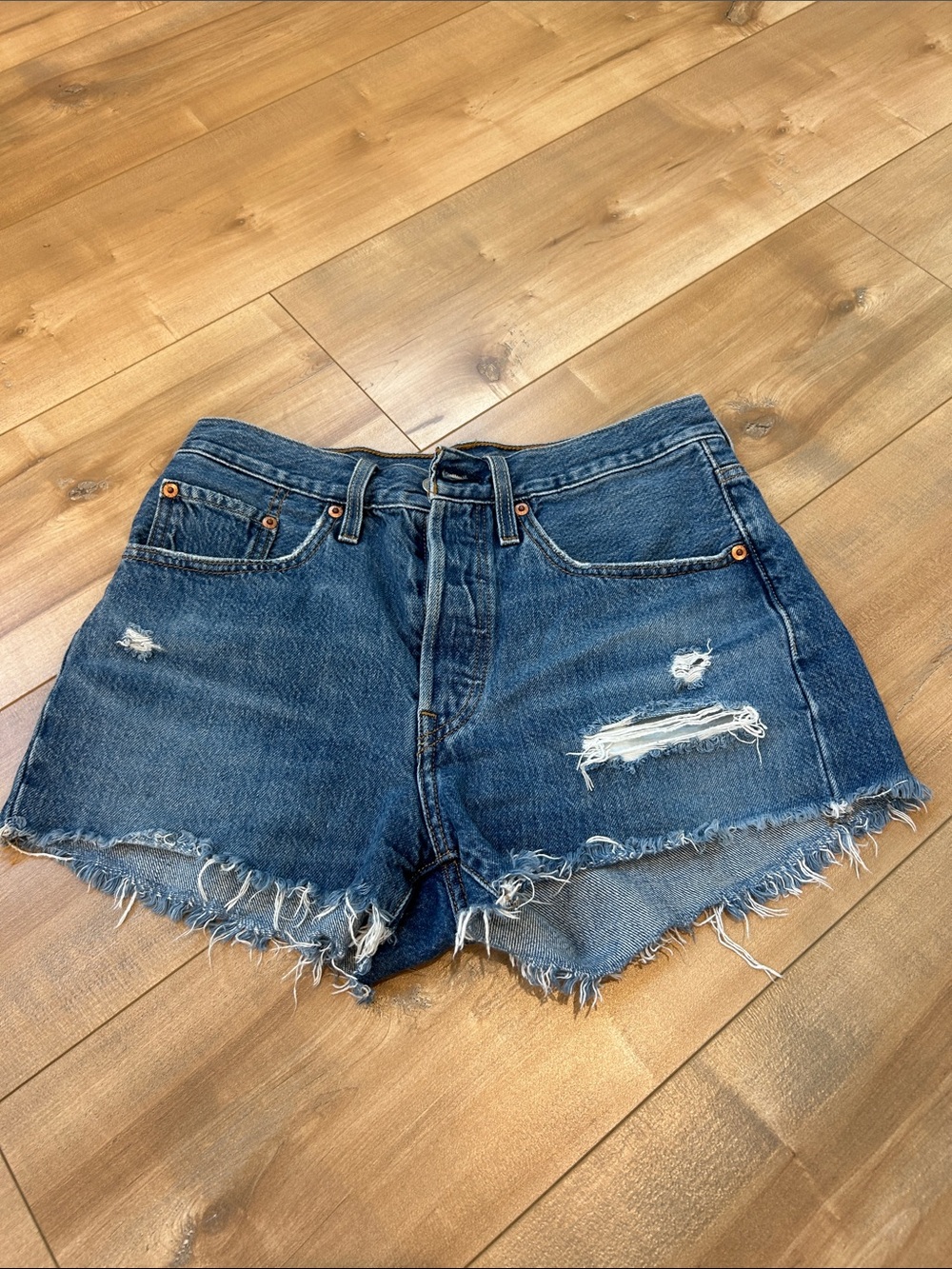 Levi's Distressed Dark Blue Cutoff Jean Shorts